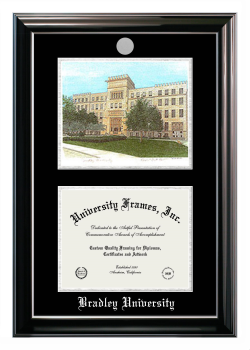 Bradley University Double Opening with Campus Image (Stacked) Frame in Classic Ebony with Silver Trim with Black & Silver Mats for DOCUMENT: 8 1/2"H X 11"W  