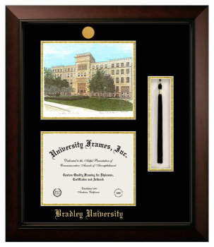 Bradley University Double Opening with Campus Image & Tassel Box (Stacked) Frame in Legacy Black Cherry with Black & Gold Mats for document: 8 1/2"h x 11"w  