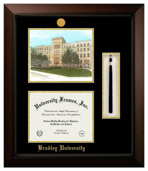 Bradley University Double Opening with Campus Image & Tassel Box (Stacked) Frame in Legacy Black Cherry with Black & Gold Mats for DOCUMENT: 8 1/2"H X 11"W  