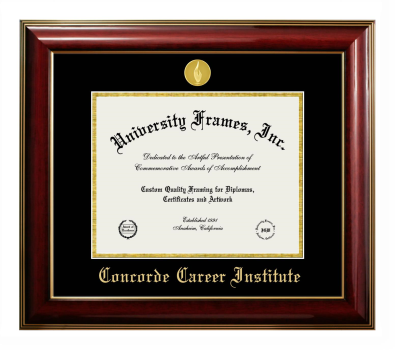 Concorde Career Institute Diploma Frame in Classic Mahogany with Gold Trim with Black & Gold Mats for DOCUMENT: 8 1/2"H X 11"W  