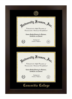 Concordia College (Bronxville, NY) Double Degree (Stacked) Frame in Manhattan Espresso with Black & Gold Mats for document: 8 1/2"h x 11"w  , document: 8 1/2"h x 11"w  