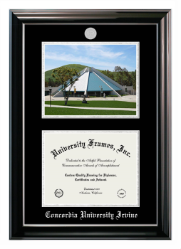Concordia University Irvine Double Opening with Campus Image (Stacked) Frame in Classic Ebony with Silver Trim with Black & Silver Mats for DOCUMENT: 8 1/2"H X 11"W  