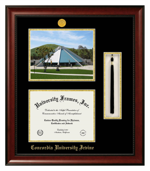 Concordia University Irvine Double Opening with Campus Image & Tassel Box (Stacked) Frame in Avalon Mahogany with Black & Gold Mats for  8 1/2"h x 11"w  