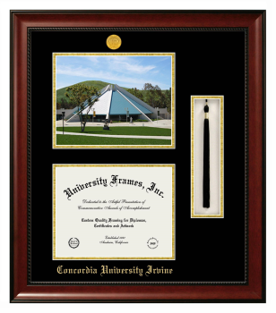 Concordia University Irvine Double Opening with Campus Image & Tassel Box (Stacked) Frame in Avalon Mahogany with Black & Gold Mats for DOCUMENT: 8 1/2"H X 11"W  