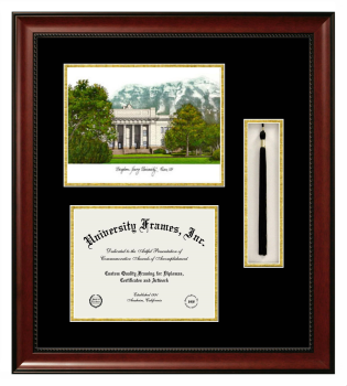 Brigham Young University Double Opening with Campus Image & Tassel Box (Stacked) Frame in Avalon Mahogany with Black & Gold Mats for document: 8 1/2"h x 11"w  