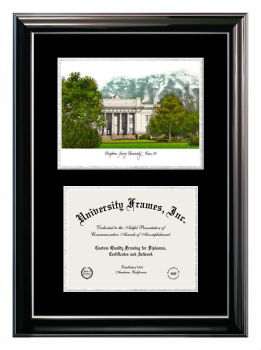 Brigham Young University Ira A. Fulton College of Engineering and Technology Double Opening with Campus Image (Stacked) Frame in Classic Ebony with Silver Trim with Black & Silver Mats for document: 8 1/2"h x 11"w  