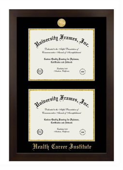 Health Career Institute Double Degree (Stacked) Frame in Manhattan Espresso with Black & Gold Mats for document: 8 1/2"h x 11"w  , document: 8 1/2"h x 11"w  