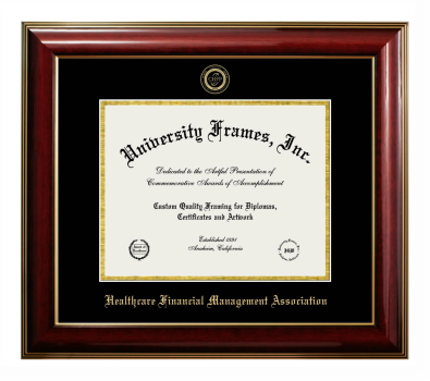 Healthcare Financial Management Association Diploma Frame in Classic Mahogany with Gold Trim with Black & Gold Mats for DOCUMENT: 8 1/2"H X 11"W  