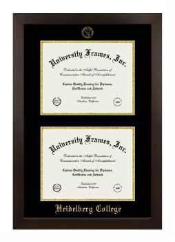 Heidelberg College Double Degree (Stacked) Frame in Manhattan Espresso with Black & Gold Mats for document: 8 1/2"h x 11"w  , document: 8 1/2"h x 11"w  