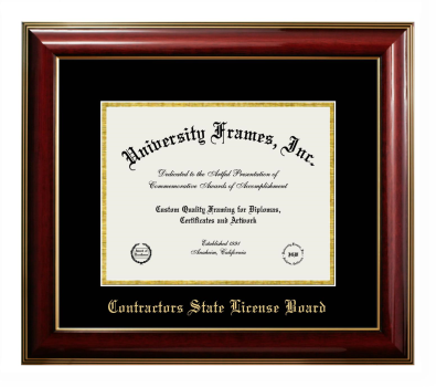Contractors State License Board Diploma Frame in Classic Mahogany with Gold Trim with Black & Gold Mats for DOCUMENT: 8 1/2"H X 11"W  