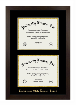 Contractors State License Board Double Degree (Stacked) Frame in Manhattan Espresso with Black & Gold Mats for document: 8 1/2"h x 11"w  , document: 8 1/2"h x 11"w  