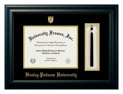 Henley-Putnam University Diploma with Tassel Box Frame in Satin Black with Black & Gold Mats for DOCUMENT: 8 1/2"H X 11"W  