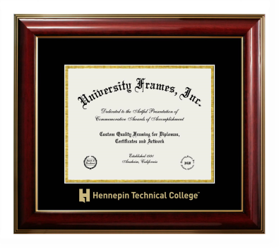 Hennepin Technical College Diploma Frame in Classic Mahogany with Gold Trim with Black & Gold Mats for DOCUMENT: 8 1/2"H X 11"W  
