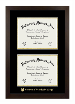 Hennepin Technical College Double Degree (Stacked) Frame in Manhattan Espresso with Black & Gold Mats for document: 8 1/2"h x 11"w  , document: 8 1/2"h x 11"w  