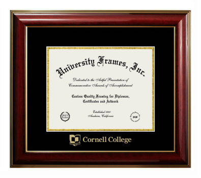 Cornell College Diploma Frame in Classic Mahogany with Gold Trim with Black & Gold Mats for DOCUMENT: 8 1/2"H X 11"W  