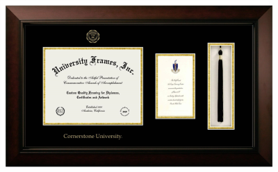Cornerstone University Diploma with Announcement & Tassel Box Frame in Legacy Black Cherry with Black & Gold Mats for document: 8 1/2"h x 11"w  , diploma: 7"h x 4"w  
