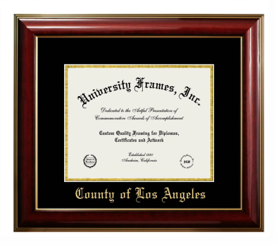 County of Los Angeles Diploma Frame in Classic Mahogany with Gold Trim with Black & Gold Mats for DOCUMENT: 8 1/2"H X 11"W  