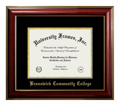 Brunswick Community College Diploma Frame in Classic Mahogany with Gold Trim with Black & Gold Mats for DOCUMENT: 8 1/2"H X 11"W  