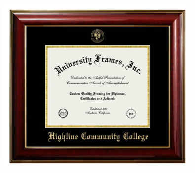 Highline Community College Diploma Frame in Classic Mahogany with Gold Trim with Black & Gold Mats for DOCUMENT: 8 1/2"H X 11"W  