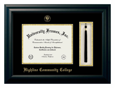 Highline Community College Diploma with Tassel Box Frame in Satin Black with Black & Gold Mats for DOCUMENT: 8 1/2"H X 11"W  