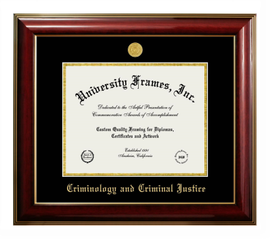 Criminology and Criminal Justice Diploma Frame in Classic Mahogany with Gold Trim with Black & Gold Mats for DOCUMENT: 8 1/2"H X 11"W  