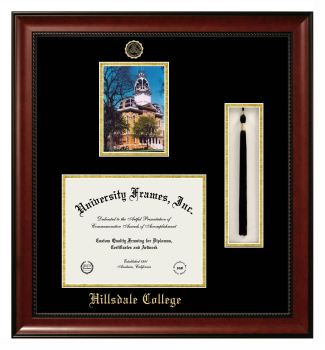 Hillsdale College Double Opening with Campus Image & Tassel Box (Stacked) Frame in Avalon Mahogany with Black & Gold Mats for DOCUMENT: 8 1/2"H X 11"W  
