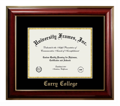 Curry College Diploma Frame in Classic Mahogany with Gold Trim with Black & Gold Mats for DOCUMENT: 8 1/2"H X 11"W  