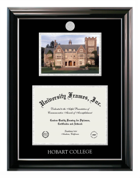 Hobart College Double Opening with Campus Image (Stacked) Frame in Classic Ebony with Silver Trim with Black & Silver Mats for document: 8 1/2"h x 11"w  