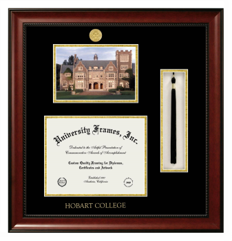 Hobart College Double Opening with Campus Image & Tassel Box (Stacked) Frame in Avalon Mahogany with Black & Gold Mats for document: 8 1/2"h x 11"w  