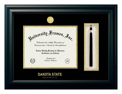 Dakota State University Diploma with Tassel Box Frame in Satin Black with Black & Gold Mats for DOCUMENT: 8 1/2"H X 11"W  