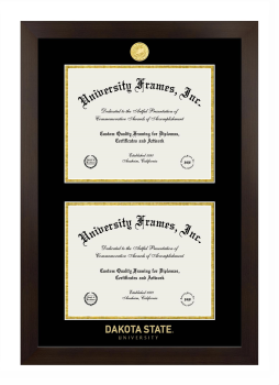 Dakota State University Double Degree (Stacked) Frame in Manhattan Espresso with Black & Gold Mats for document: 8 1/2"h x 11"w  , document: 8 1/2"h x 11"w  