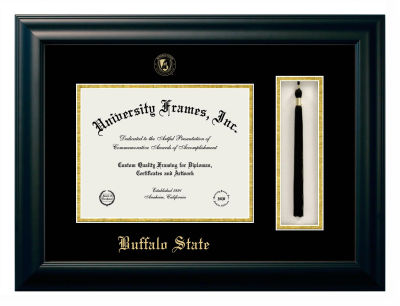 Buffalo State College Diploma with Tassel Box Frame in Satin Black with Black & Gold Mats for document: 8 1/2"h x 11"w  