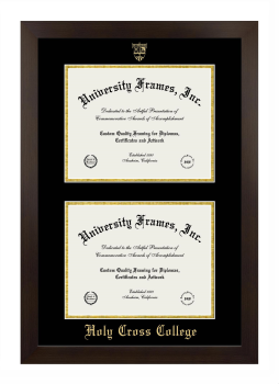 Holy Cross College Double Degree (Stacked) Frame in Manhattan Espresso with Black & Gold Mats for document: 8 1/2"h x 11"w  , document: 8 1/2"h x 11"w  