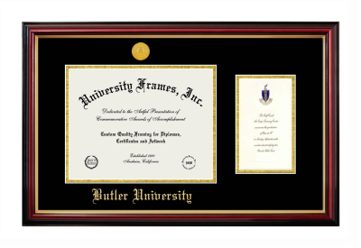 Butler University Diploma with Announcement Frame in Petite Mahogany with Gold Trim with Black & Gold Mats for document: 8 1/2"h x 11"w  , diploma: 7"h x 4"w  