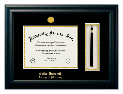 Butler University College of Pharmacy Diploma with Tassel Box Frame in Satin Black with Black & Gold Mats for DOCUMENT: 8 1/2"H X 11"W  
