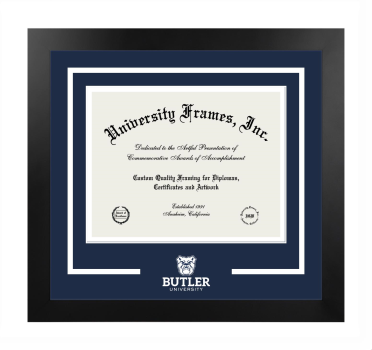 Butler University College of Pharmacy Logo Mat Frame in Manhattan Black with Navy Blue & White Mats for document: 8 1/2"h x 11"w  