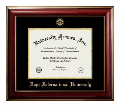 Hope International University Diploma Frame in Classic Mahogany with Gold Trim with Black & Gold Mats for DOCUMENT: 8 1/2"H X 11"W  