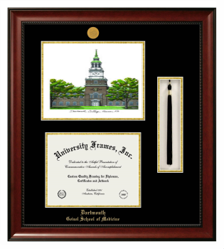 Dartmouth Geisel School of Medicine Double Opening with Campus Image & Tassel Box (Stacked) Frame in Avalon Mahogany with Black & Gold Mats for document: 8 1/2"h x 11"w  
