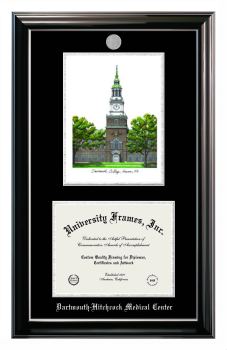 Dartmouth-Hitchcock Medical Center Double Opening with Campus Image (Stacked) Frame in Classic Ebony with Silver Trim with Black & Silver Mats for document: 8 1/2"h x 11"w  
