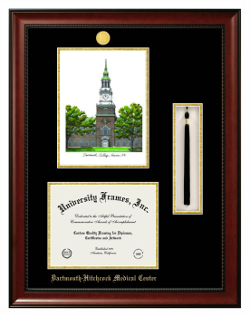 Dartmouth-Hitchcock Medical Center Double Opening with Campus Image & Tassel Box (Stacked) Frame in Avalon Mahogany with Black & Gold Mats for DOCUMENT: 8 1/2"H X 11"W  