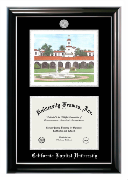 California Baptist University Double Opening with Campus Image (Stacked) Frame in Classic Ebony with Silver Trim with Black & Silver Mats for DOCUMENT: 8 1/2"H X 11"W  