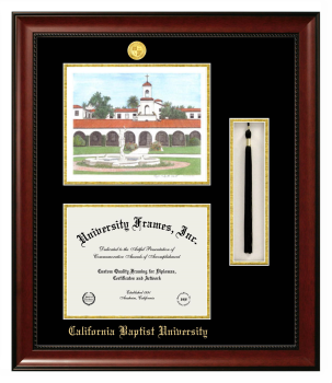 California Baptist University Double Opening with Campus Image & Tassel Box (Stacked) Frame in Avalon Mahogany with Black & Gold Mats for DOCUMENT: 8 1/2"H X 11"W  