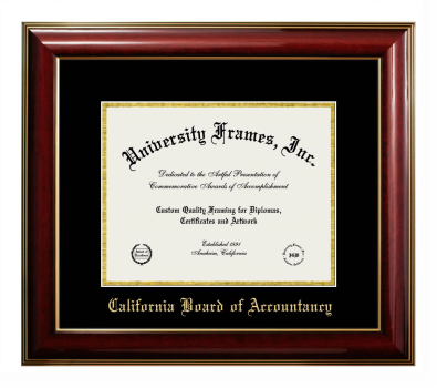 California Board of Accountancy Diploma Frame in Classic Mahogany with Gold Trim with Black & Gold Mats for DOCUMENT: 8 1/2"H X 11"W  