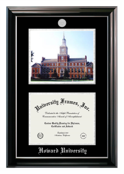 Howard University Double Opening with Campus Image (Stacked) Frame in Classic Ebony with Silver Trim with Black & Silver Mats for document: 8 1/2"h x 11"w  