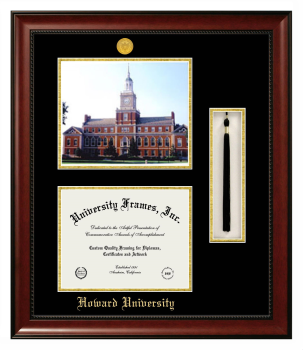 Howard University Double Opening with Campus Image & Tassel Box (Stacked) Frame in Avalon Mahogany with Black & Gold Mats for document: 8 1/2"h x 11"w  