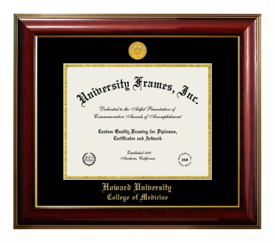 Howard University College of Medicine Diploma Frame in Classic Mahogany with Gold Trim with Black & Gold Mats for DOCUMENT: 8 1/2"H X 11"W  