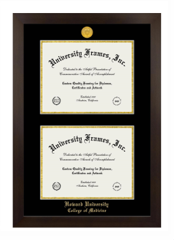 Howard University College of Medicine Double Degree (Stacked) Frame in Manhattan Espresso with Black & Gold Mats for document: 8 1/2"h x 11"w  , document: 8 1/2"h x 11"w  