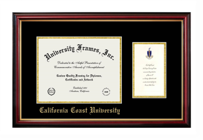 California Coast University Diploma with Announcement Frame in Petite Mahogany with Gold Trim with Black & Gold Mats for document: 8 1/2"h x 11"w  , diploma: 7"h x 4"w  