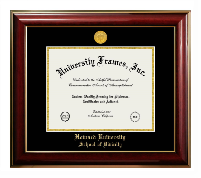 Howard University School of Divinity Diploma Frame in Classic Mahogany with Gold Trim with Black & Gold Mats for DOCUMENT: 8 1/2"H X 11"W  