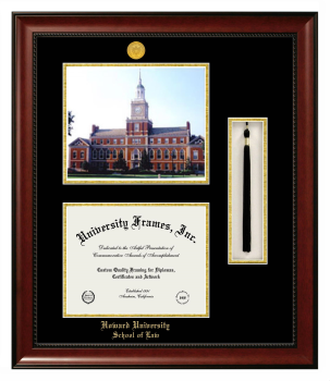 Howard University School of Law Double Opening with Campus Image & Tassel Box (Stacked) Frame in Avalon Mahogany with Black & Gold Mats for document: 8 1/2"h x 11"w  